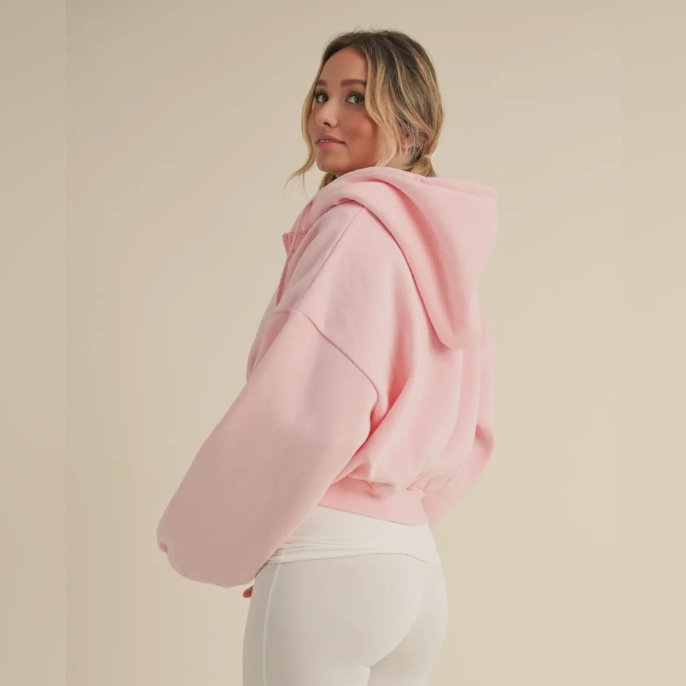Pink Cropped zip up Hoodie - Picture 2 of 5